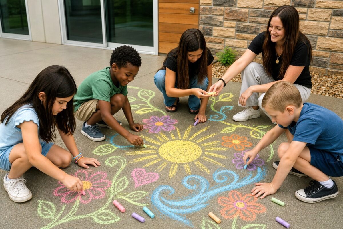 Children work together on a colorful sidewalk chalk mural while an Aris Clinic clinician offers guidance, illustrating how everyday activities provide opportunities to build social, emotional, and communication skills.