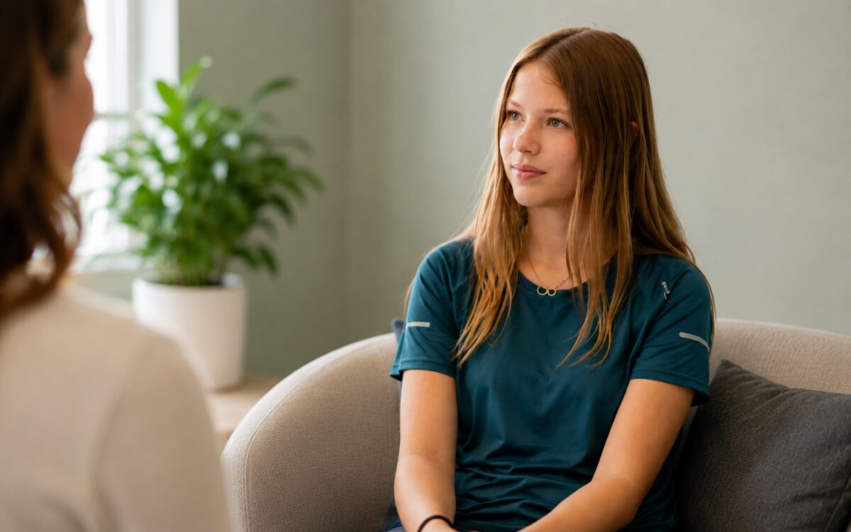 Teenage girl listening thoughtfully during a conversation at Aris Clinic's Intensive Outpatient Program.