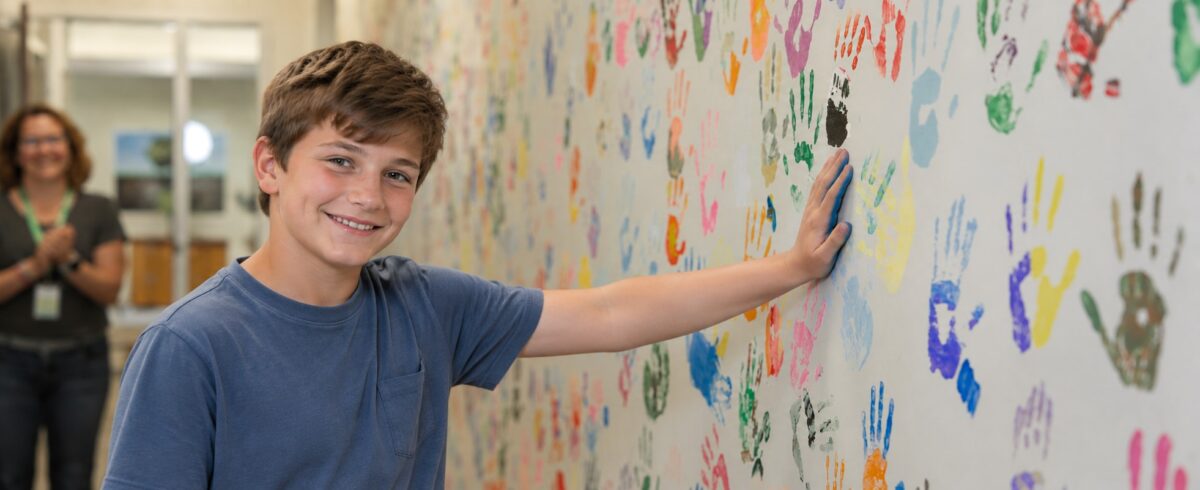 Smiling boy adds his handprint to a colorful handprint wall at Aris Clinic.